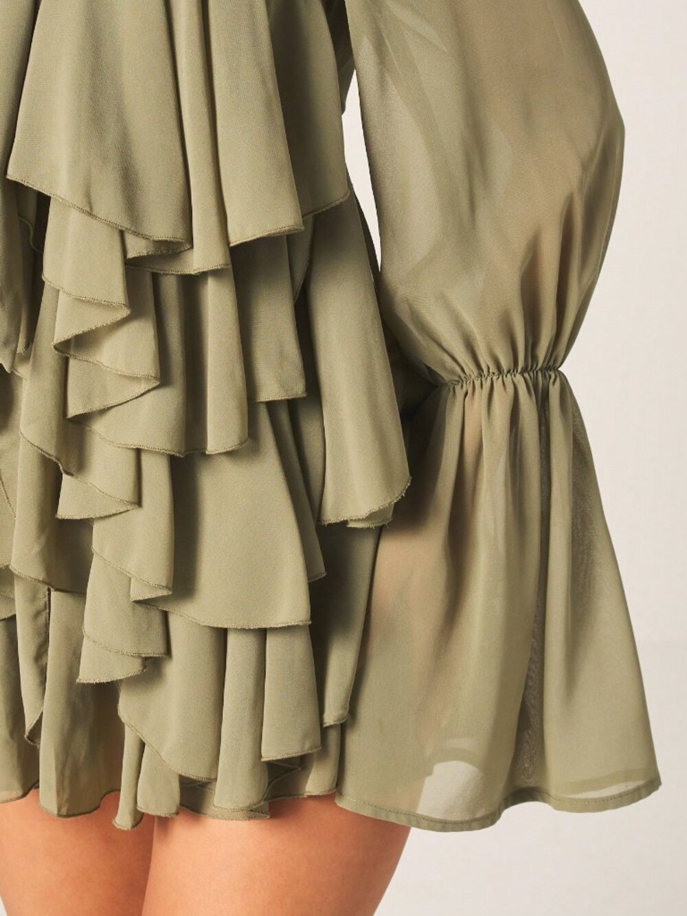 Olive Green Elegant Women's Chiffon Dress with Balloon Sleeves - Picture 6 of 6